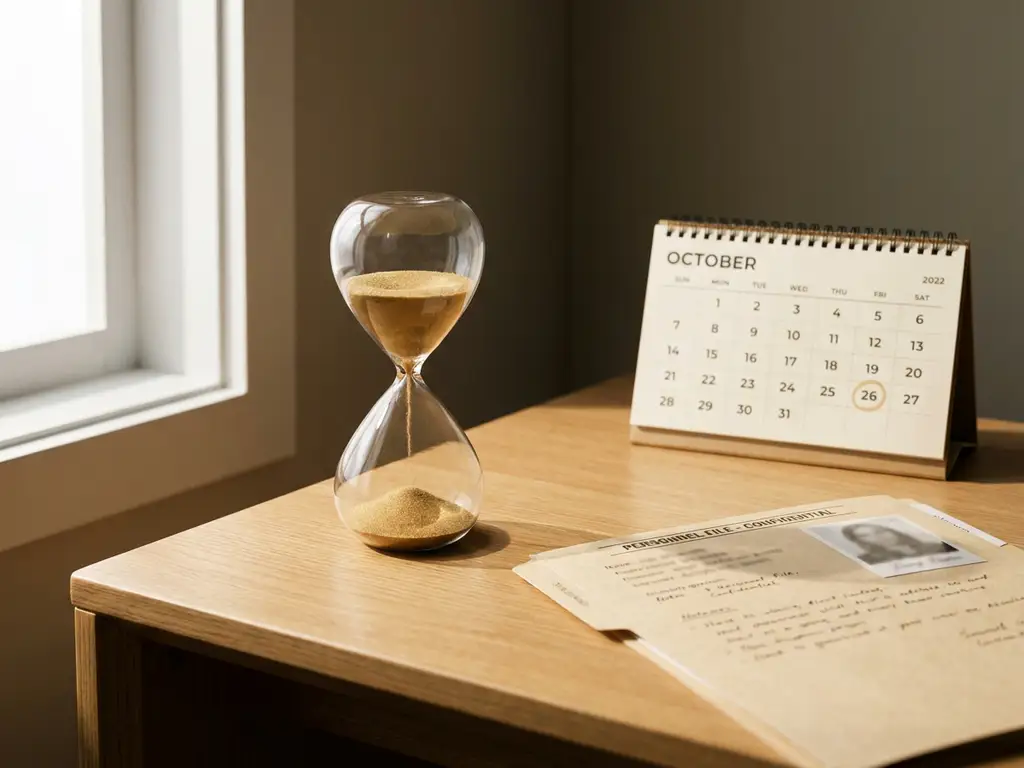 Analoge Sanduhr mit goldenen Sandkörnern auf modernem Schreibtisch neben geöffneter Personalakte und Kalender, warmes Licht.