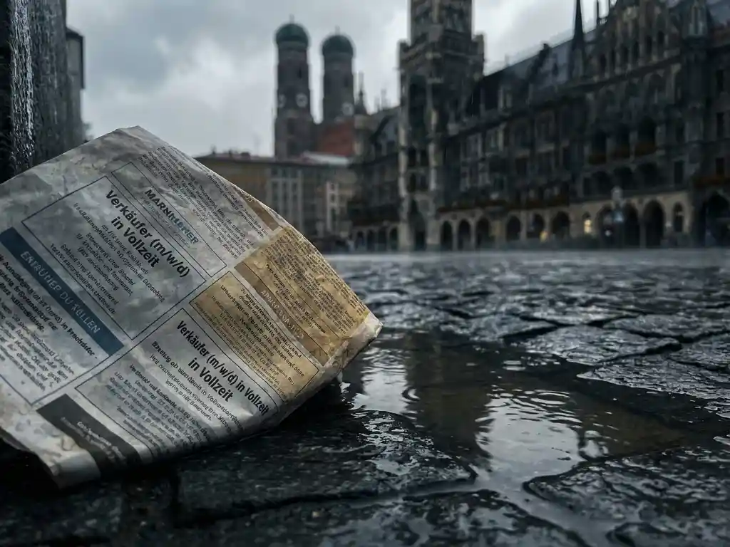 Zerknüllte Stellenanzeigen-Zeitung auf nassem Münchner Kopfsteinpflaster, verschwommener Frauenkirchturm im Hintergrund.