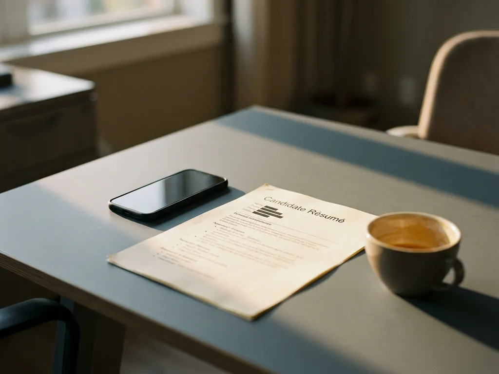 Smartphone mit Display nach unten auf Büroschreibtisch neben einem Bewerber-Lebenslauf und einer erkaltenden Kaffeetasse im Nachmittagslicht.