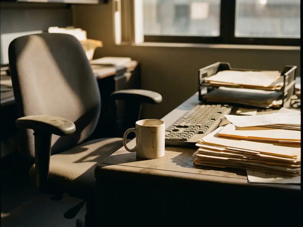 Verlassener Büroschreibtisch mit leerem Stuhl, staubiger Tastatur, Kaffeebecher und überfülltem Posteingang im warmen Nachmittagslicht.