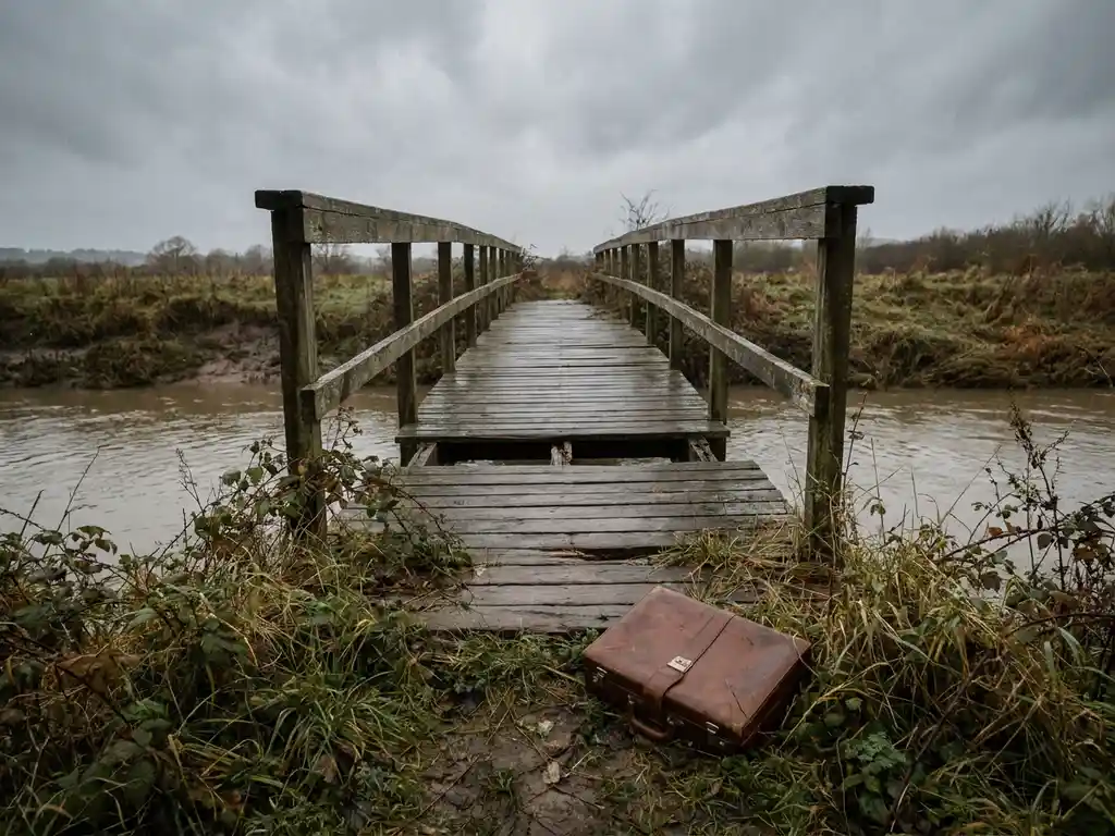 Verwitterte Holzbrücke mit fehlendem Planke über trübem Fluss, verlassener Lederkoffer am Rand, überwucherte Ufer im trüben Licht.
