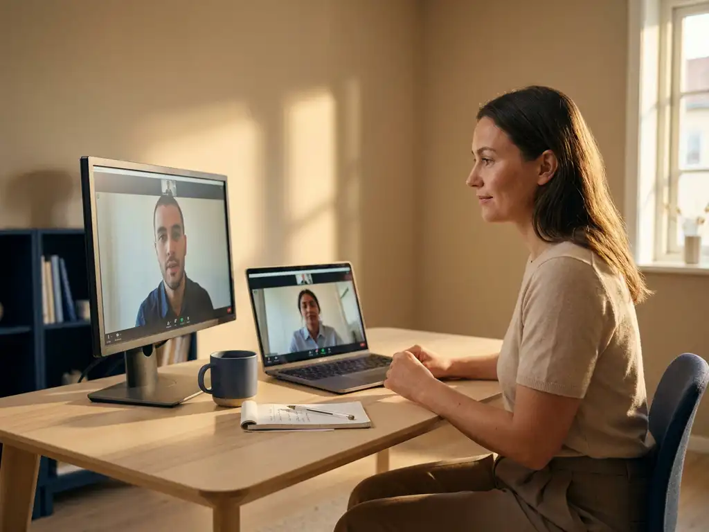 Recruiter führt professionelles Video-Interview am Laptop im modernen Homeoffice, zweiter Monitor zeigt Kandidaten, goldenes Fensterlicht.