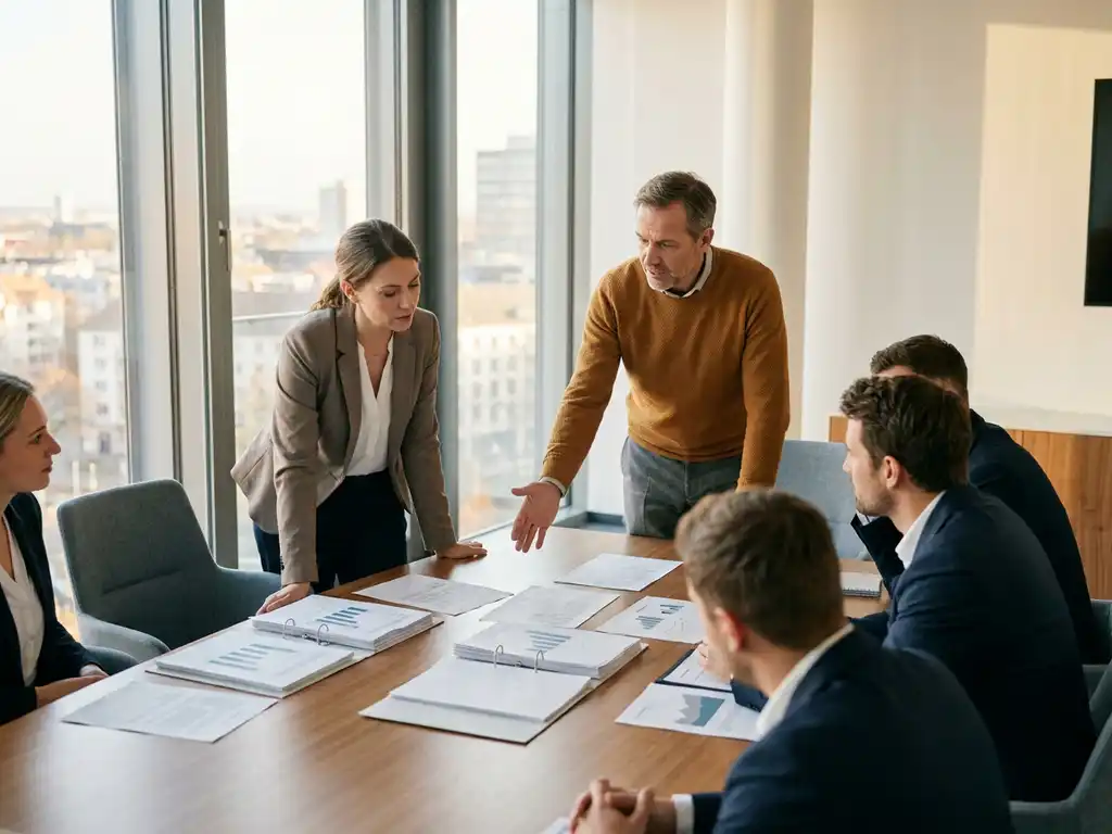 Personalleiter leitet Vorstellungsgespräch-Briefing am Konferenztisch mit Kandidatenprofilen, Kollegen hören aufmerksam zu, modernes Büro mit Tageslicht.