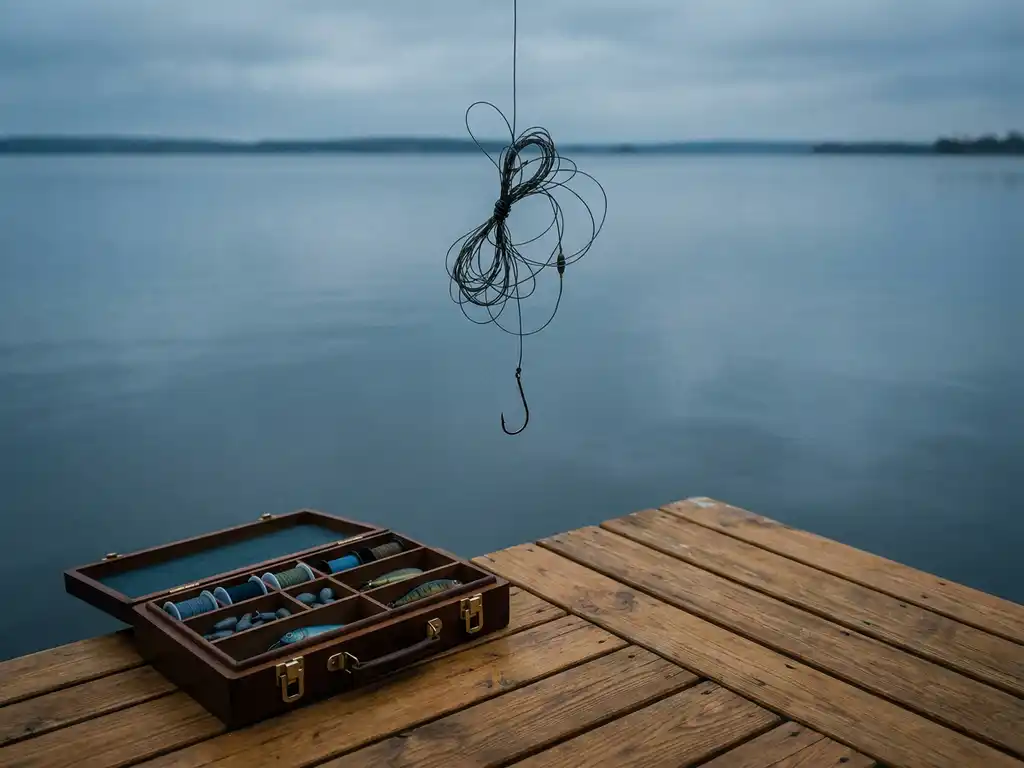 Verwirrte Angelschnur um leeren Haken über ruhigem Wasser, geöffnete Angelbox auf Holzsteg im Hintergrund.