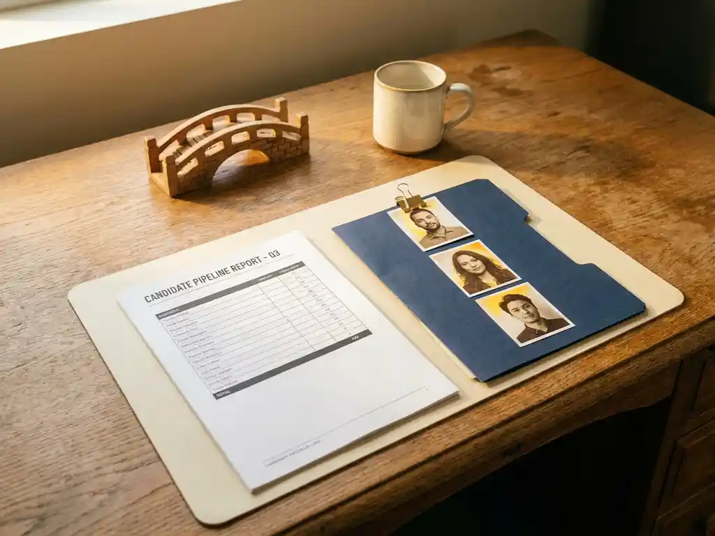 Recruiter-Schreibtisch mit ausgedrucktem Kandidaten-Pipeline-Bericht, Profilfotos und kleiner Holzbrücke im warmen Morgenlicht.