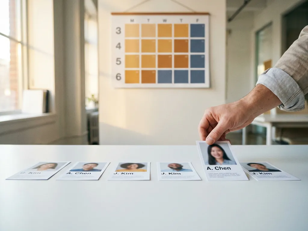 Recruiter legt sechste Bewerberkarte zu einer Reihe von Profilkarten auf weißem Schreibtisch, Kalender im Hintergrund.