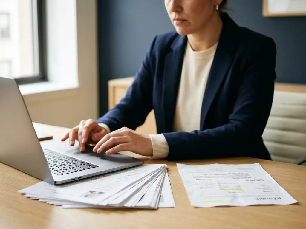 Recruiter hält beim Scrollen auf dem Laptop inne, umgeben von Bewerberprofilen und einem zerknitterten Lebenslauf auf modernem Schreibtisch.