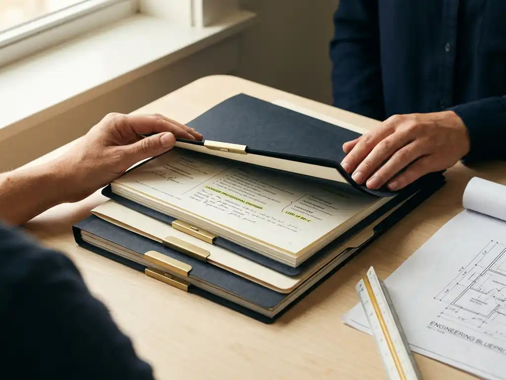 Recruiter sortiert Bewerbermappen auf modernem Schreibtisch, aufgeschlagene Mappe zeigt Kandidatenprofil mit Architekturskizze und Maßstab.