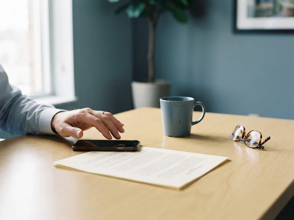 Recruiter-Hand zögert über unbeantwortetes Smartphone auf Büroschreibtisch, umgedrucktes Kandidatenprofil und leere Kaffeetasse daneben.