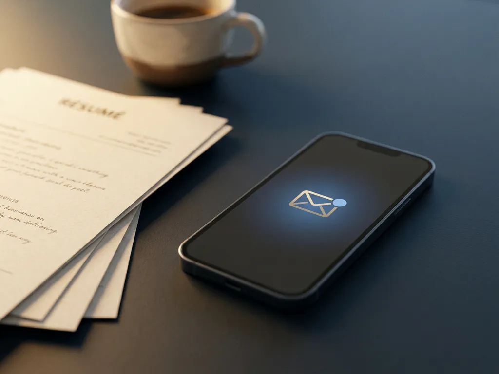 Smartphone mit ungelesener Nachricht auf Schreibtisch, umgeben von Bewerber-Lebensläufen und Kaffeetasse im Hintergrund.