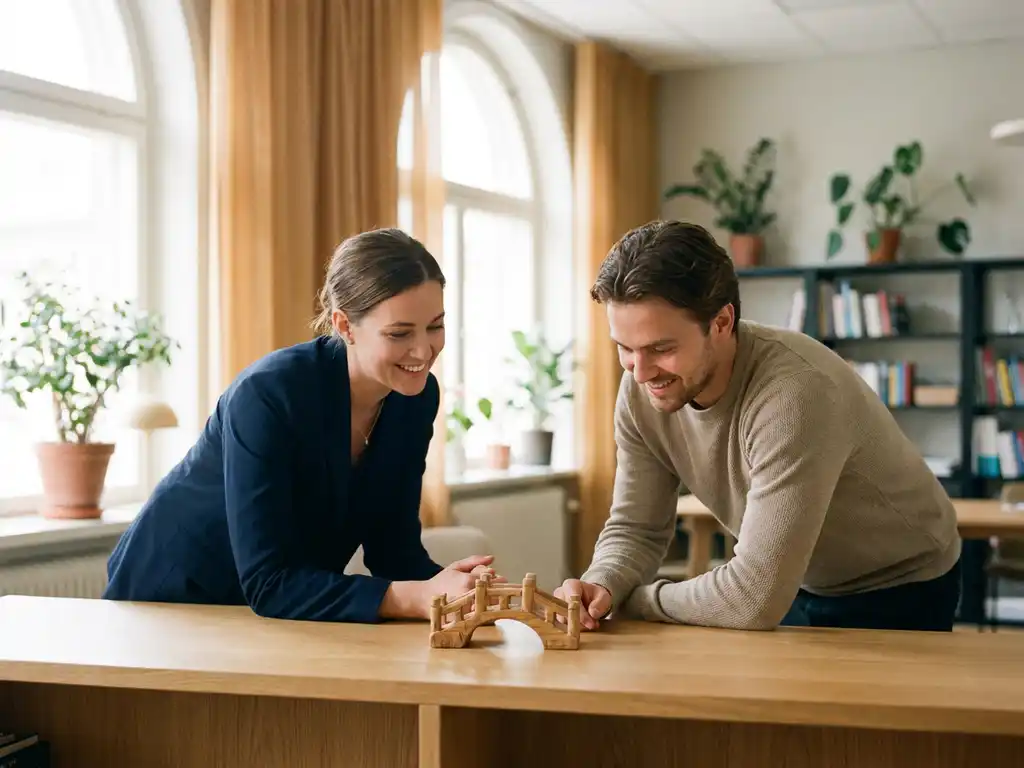 Recruiterin und Bewerberin im Gespräch an einem Holztisch mit kleiner Holzbrücke, helles modernes Büro mit warmem Licht.
