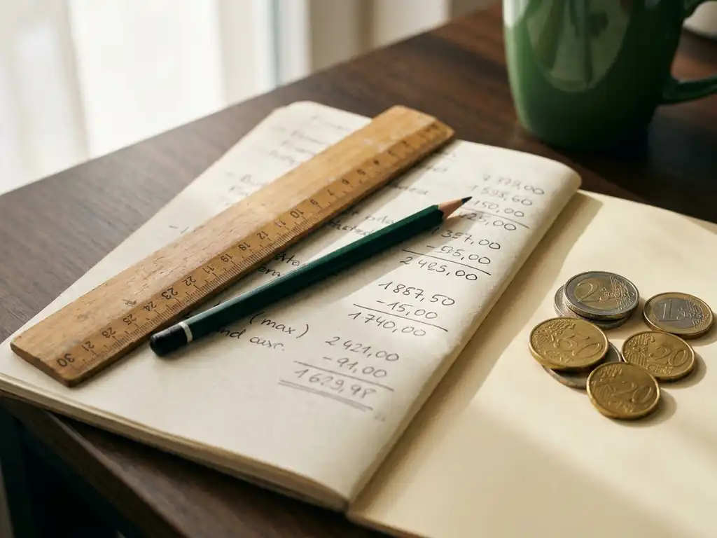 Holzlineal und Bleistift auf aufgeschlagenem Budgetplanungs-Notizbuch mit handschriftlichen Zahlen und Euromünzen im Vordergrund.