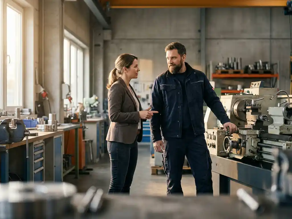 Facharbeiter und Recruiter im Gespräch in einer modernen deutschen Werkstatt mit Maschinen im Hintergrund.