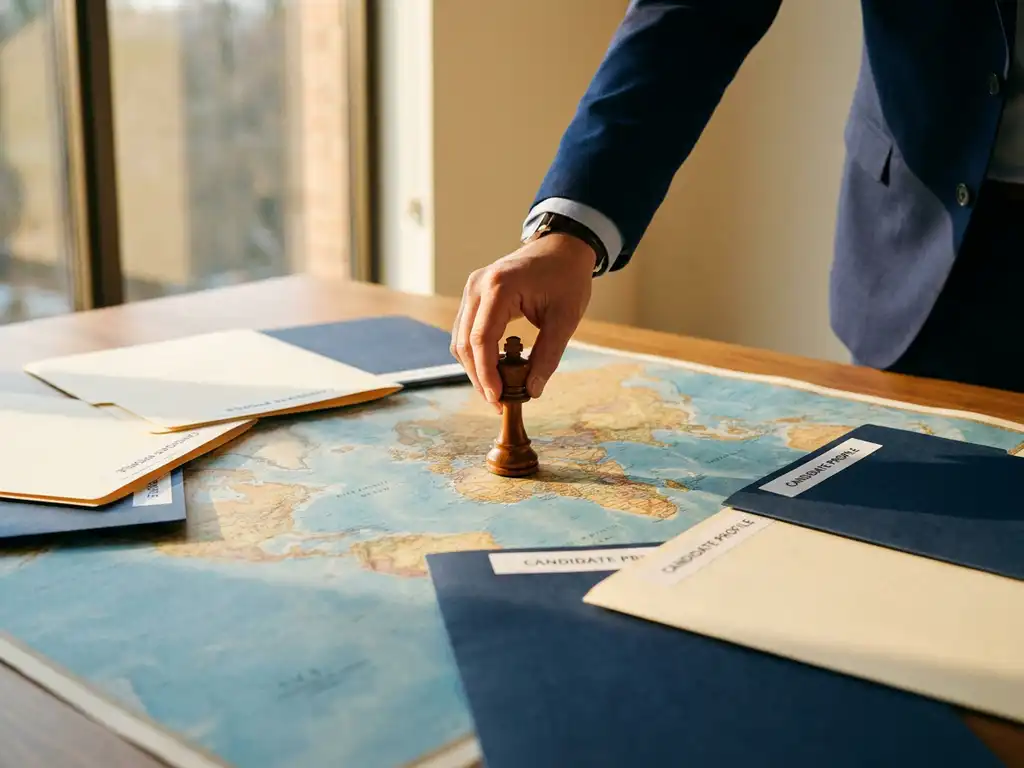 Recruiter platziert Schachfigur auf Weltkarte, umgeben von Bewerbermappen auf modernem Schreibtisch im warmen Gegenlicht.