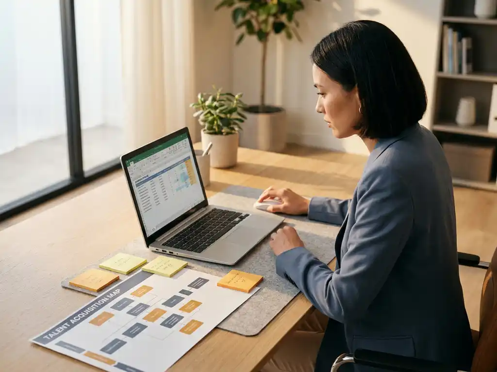 HR-Fachkraft analysiert Kandidaten-Pipeline auf Laptop, mit Haftnotizen und Talentübersicht auf modernem Büroschreibtisch.