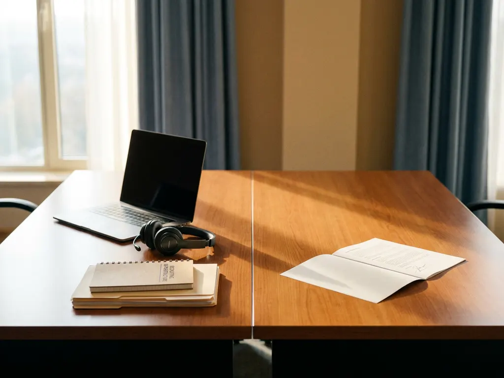 Schreibtisch mit Laptop, Headset und Ordnern auf einer Seite, unterzeichnetem Vertrag auf der anderen, natürliches Licht, Inhouse-Recruiting vs. Personalvermittlung.