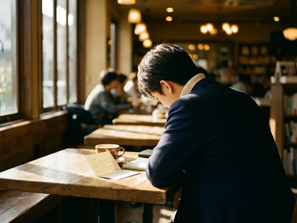 Berufstätige Person am Café-Tisch im Morgenlicht, neben der Kaffeetasse liegt ein handgeschriebener Zettel.