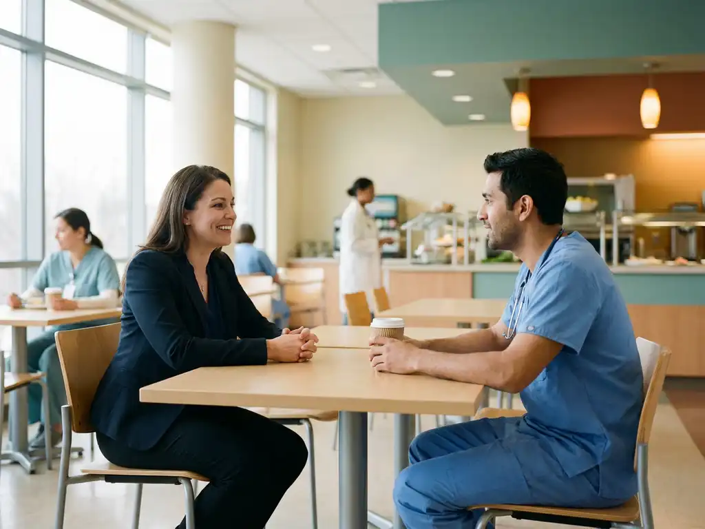 Recruiterin in Businesskleidung im Gespräch mit einer Krankenschwester in Scrubs am Krankenhauscafeteria-Tisch bei warmem Tageslicht.