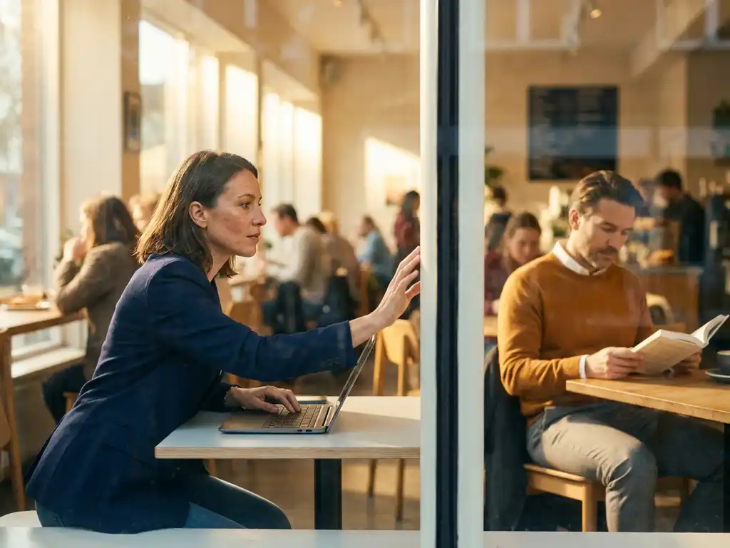 Recruiter am modernen Schreibtisch streckt Hand aus Richtung passivem Kandidaten im sonnigen Café, symbolisiert Talentansprache.