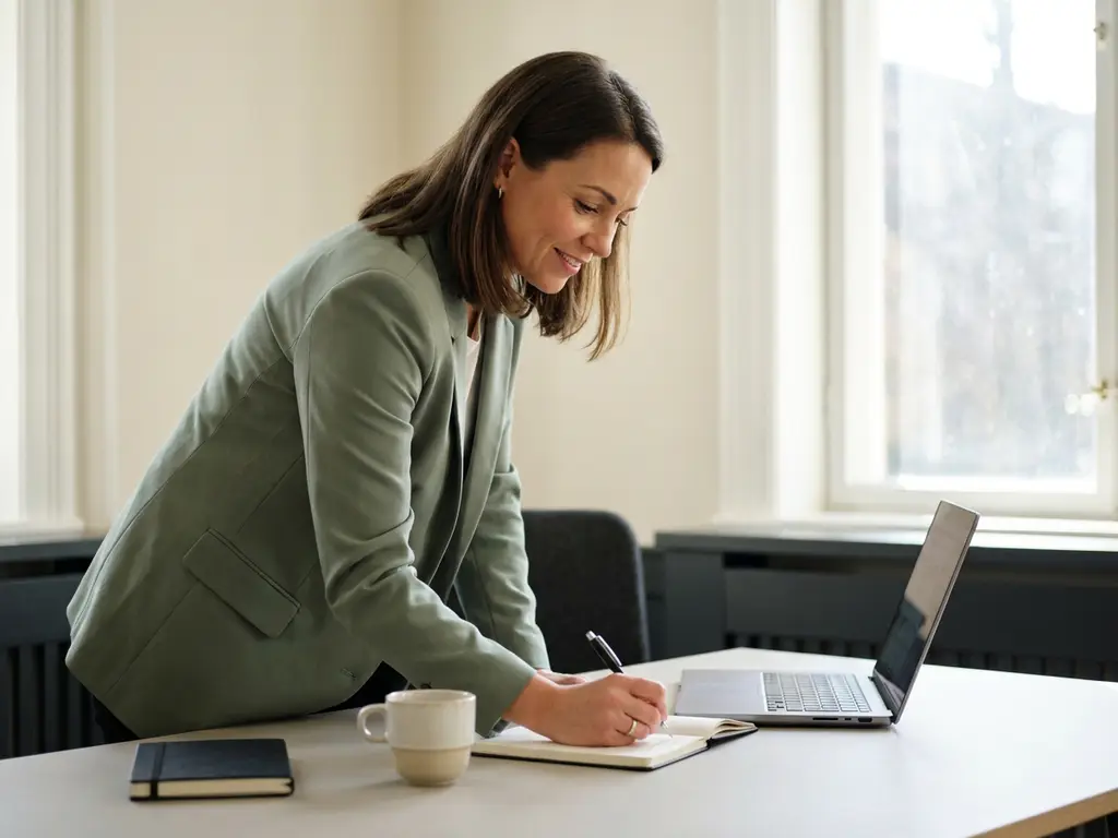 Recruiterin schreibt handschriftliche Notiz am modernen Schreibtisch neben Laptop, warmes Tageslicht, persönliche Kandidatenansprache.