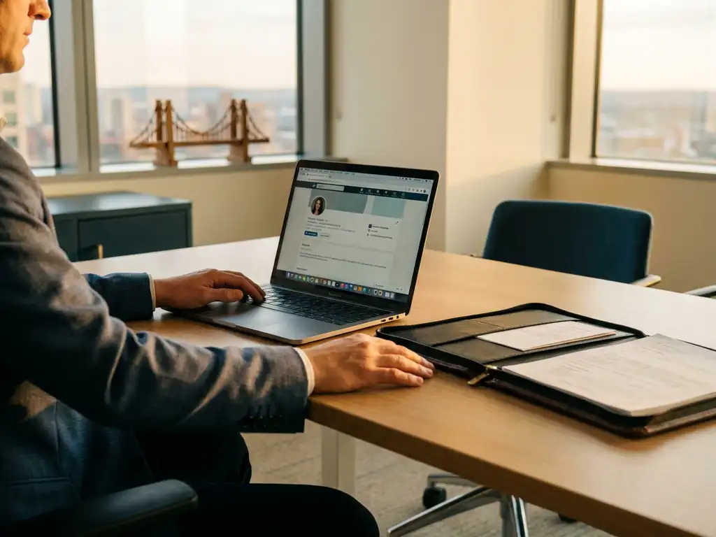 Recruiter am modernen Schreibtisch mit Laptop und Ledermappe, goldenes Abendlicht durch Bürofenster, hölzerne Brückenfigur im Hintergrund.