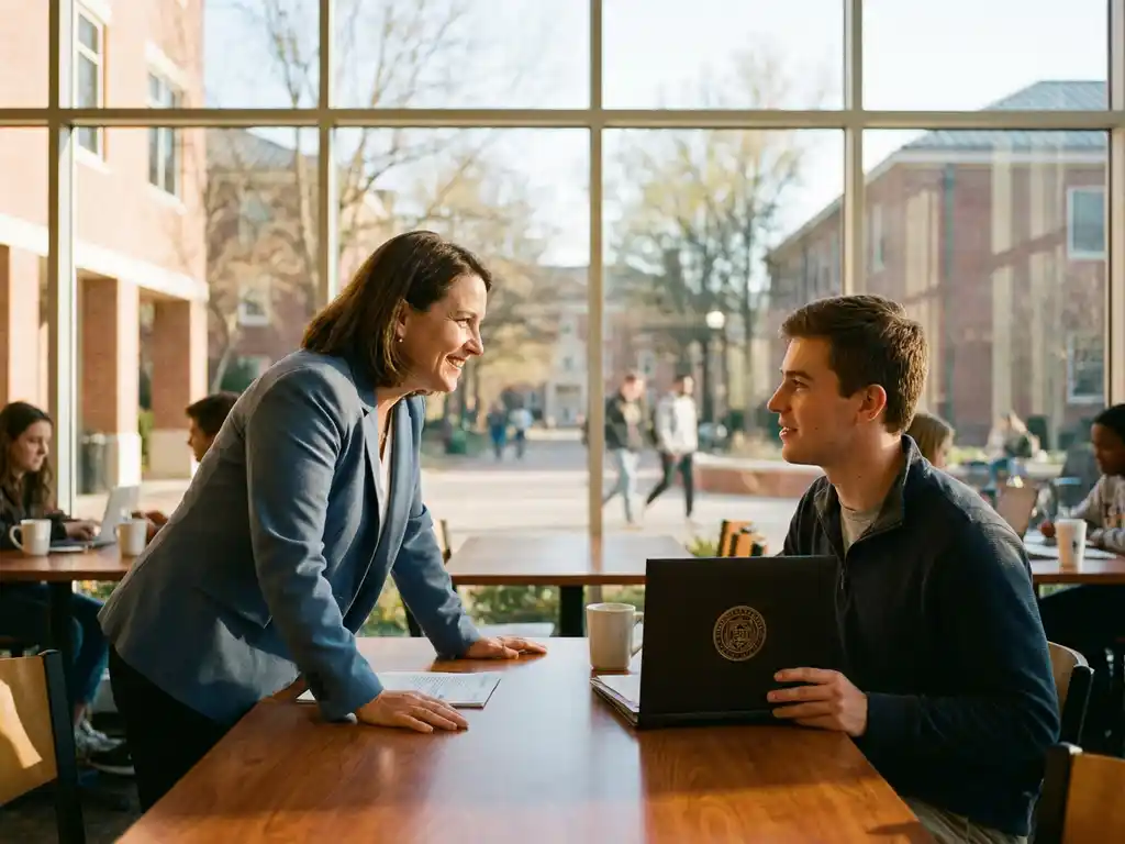Recruiter im Gespräch mit Hochschulabsolventin am Café-Tisch, Diplommappe in der Hand, Universitätscampus im Hintergrund.