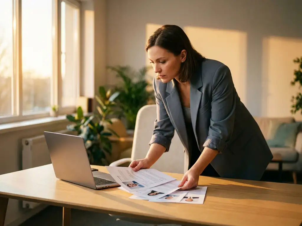 Recruiter prüft konzentriert drei Kandidatenprofile auf dem Schreibtisch, Laptop daneben, warmes Nachmittagslicht im modernen Büro.