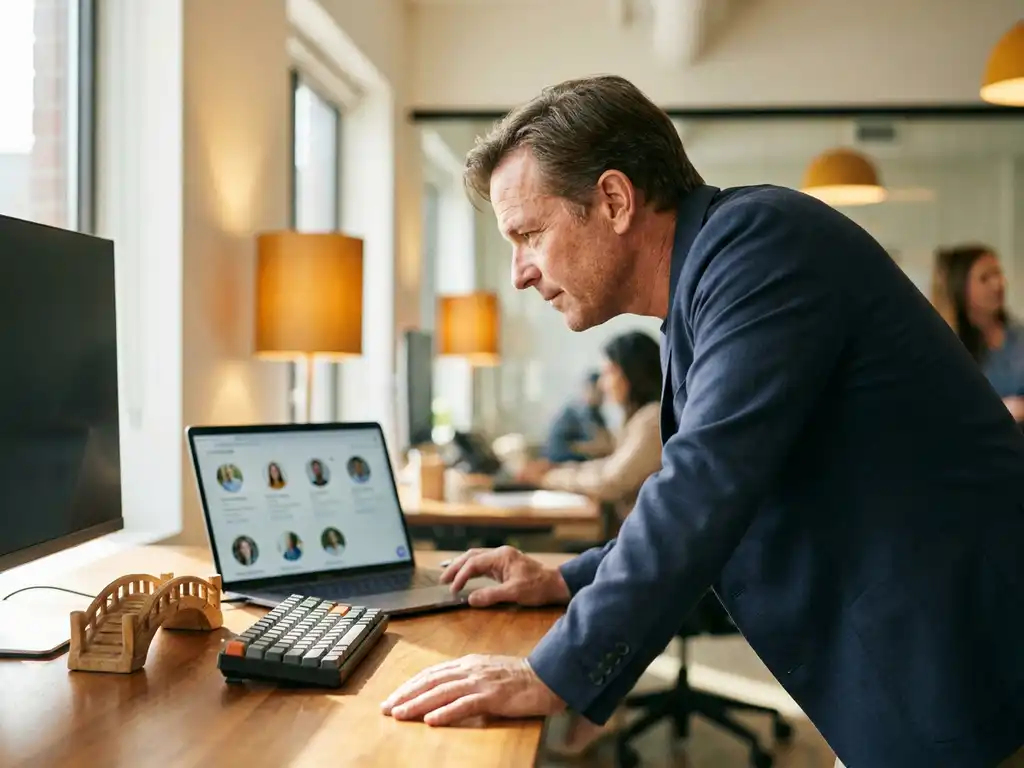 Recruiter prüft Kandidatenprofile auf einem Laptop an einem modernen Schreibtisch, kleine Holzbrücke als Dekoelement daneben.