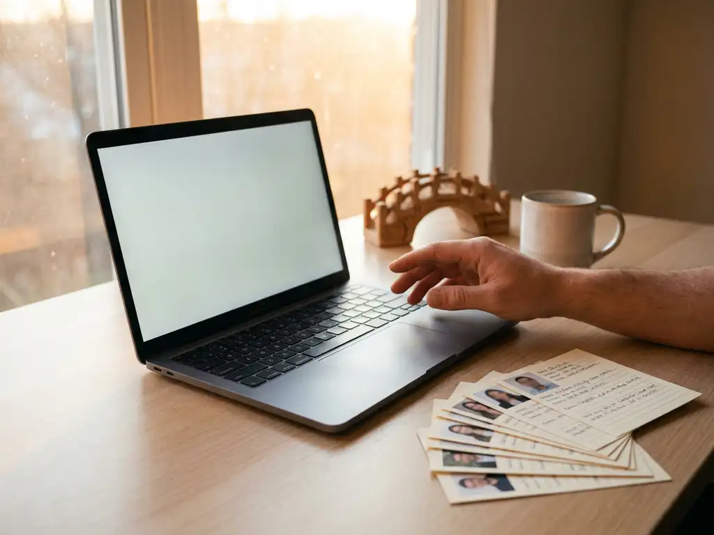 Recruiter-Hand über geöffnetem Laptop mit gefächerten Kandidatenprofilen und kleiner Holzbrücke im warmen Nachmittagslicht.