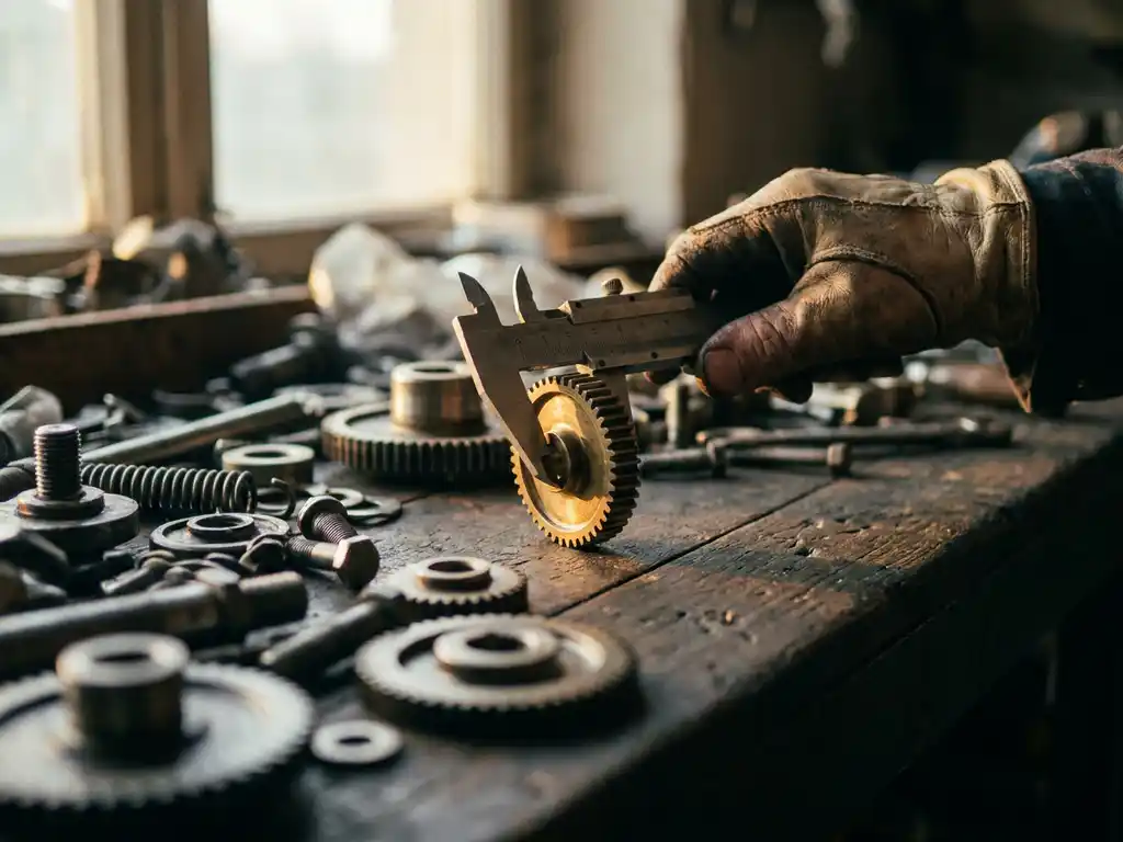 Handwerker misst präzise ein Zahnrad mit einem Messschieber, umgeben von verschiedenen Metallteilen auf einem Werkstatttisch.