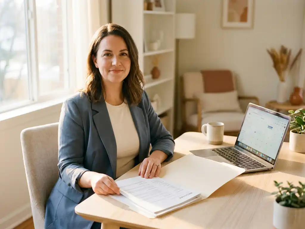 Recruiter am modernen Schreibtisch prüft Kandidatenprofile, Laptop daneben, warmes Seitenlicht im Home-Office.