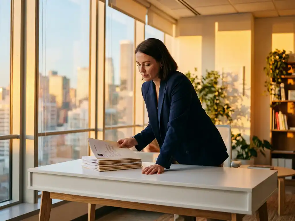 Recruiter prüft konzentriert Bewerbungsunterlagen an modernem Schreibtisch mit Blick auf sonnige Stadtlandschaft.