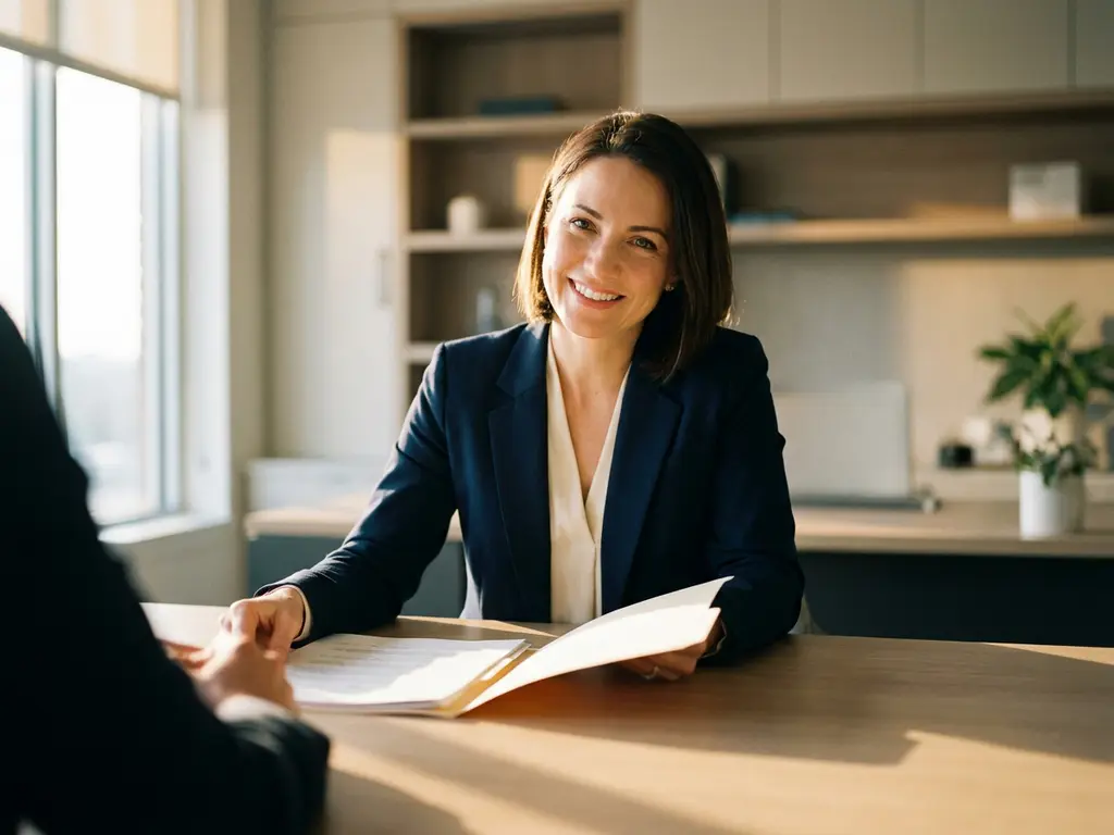 Recruiter lehnt sich konzentriert über einen aufgeräumten Schreibtisch mit Bewerbungsunterlagen, warmes Seitenlicht, modernes Büro im Hintergrund.