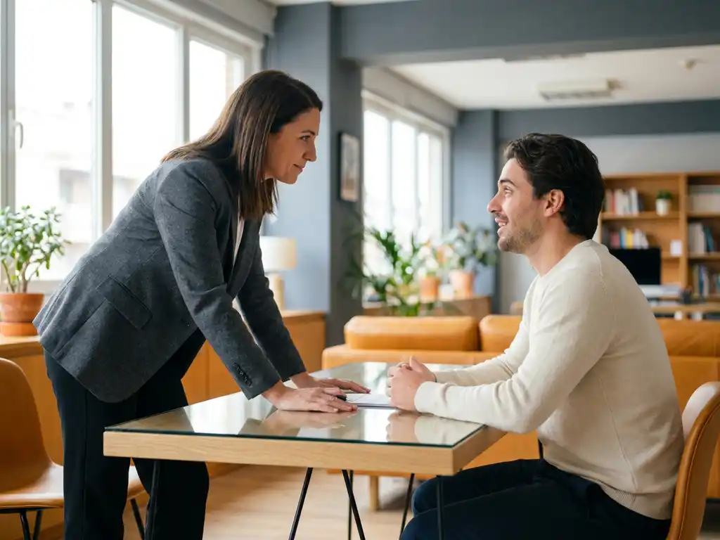 Recruiter lehnt sich über modernen Schreibtisch und stellt Blickkontakt mit einem Fachmann her, helles Büro mit Tageslicht.