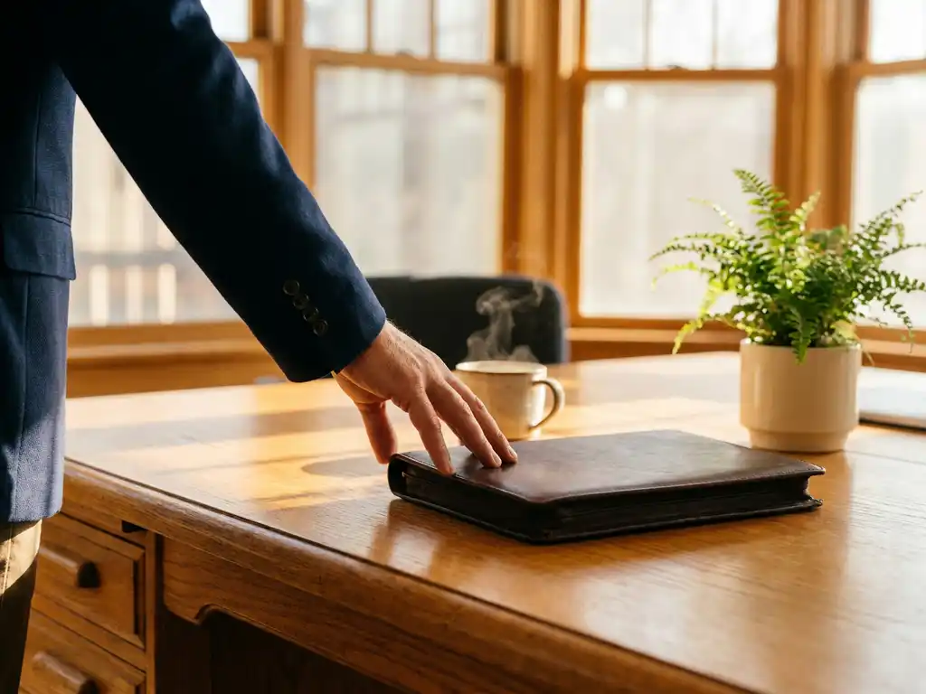 Recruiter-Hand greift über Eichenschreibtisch nach Leder-Portfolio, Kaffeetasse und Zimmerpflanze im warmen Morgenlicht.