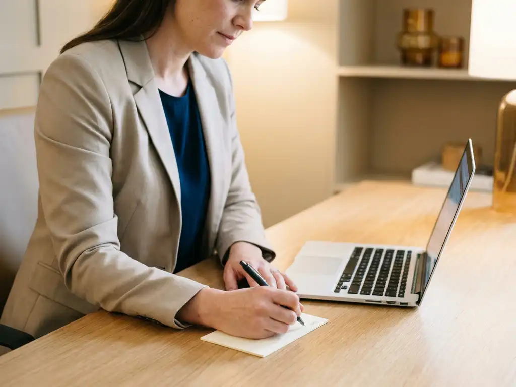 Recruiter schreibt handschriftliche Notiz auf cremefarbene Karte am Holzschreibtisch, Laptop daneben, warmes Innenlicht.