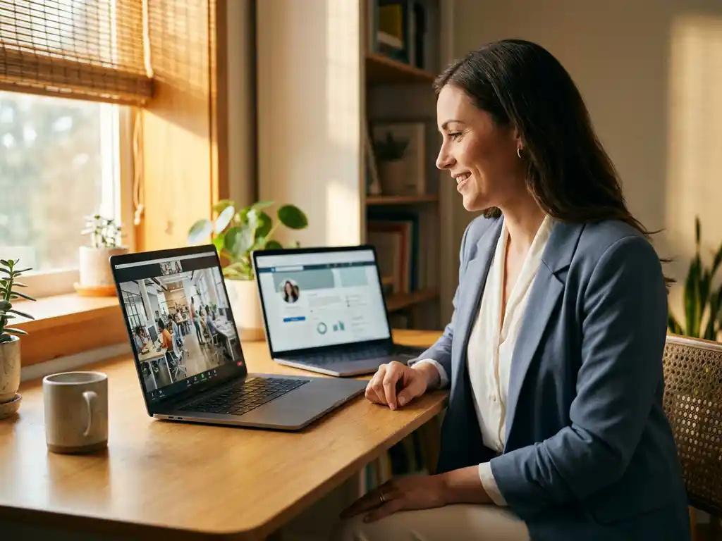 Recruiterin im Homeoffice beim Videogespräch mit Büroumgebung auf dem Bildschirm, zweiter Laptop mit Kandidatenprofil, warmes Sonnenlicht.