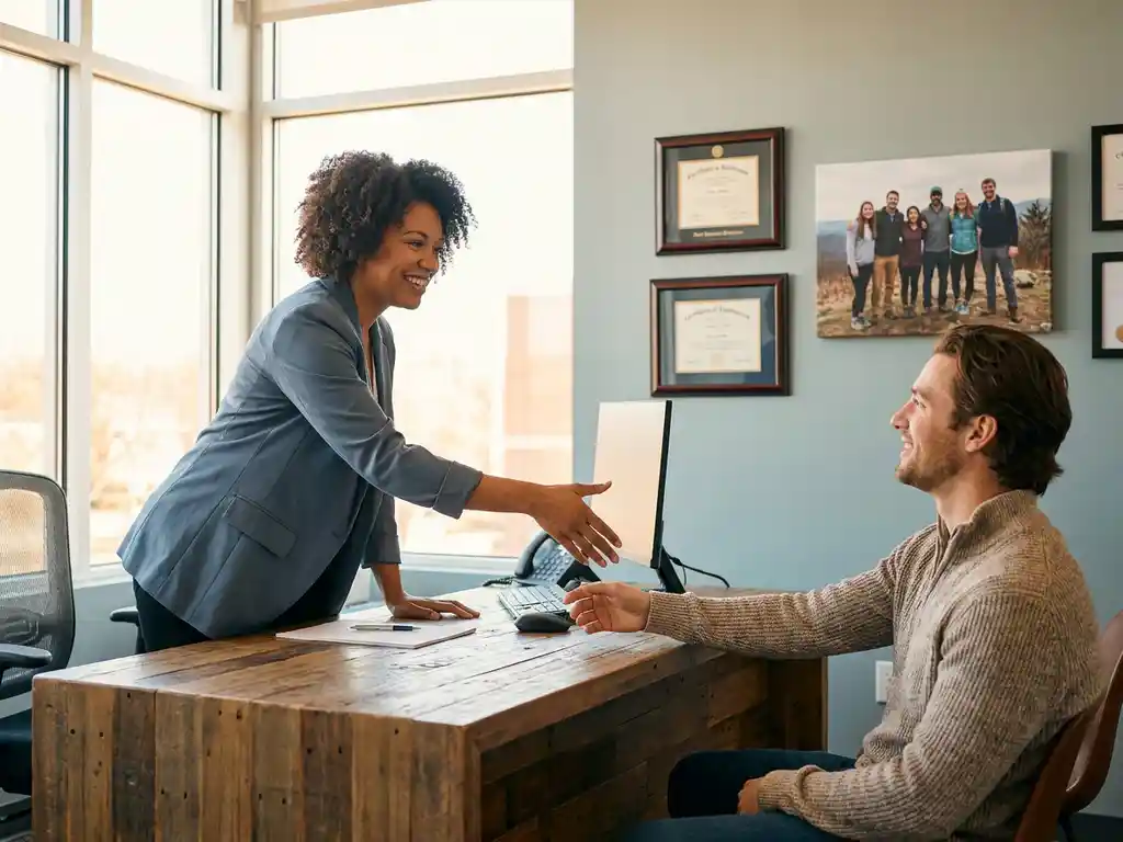 Recruiterin im modernen Büro beugt sich warmherzig einem entspannten Bewerber über Holzschreibtisch entgegen, Diplome und Teamfoto im Hintergrund.