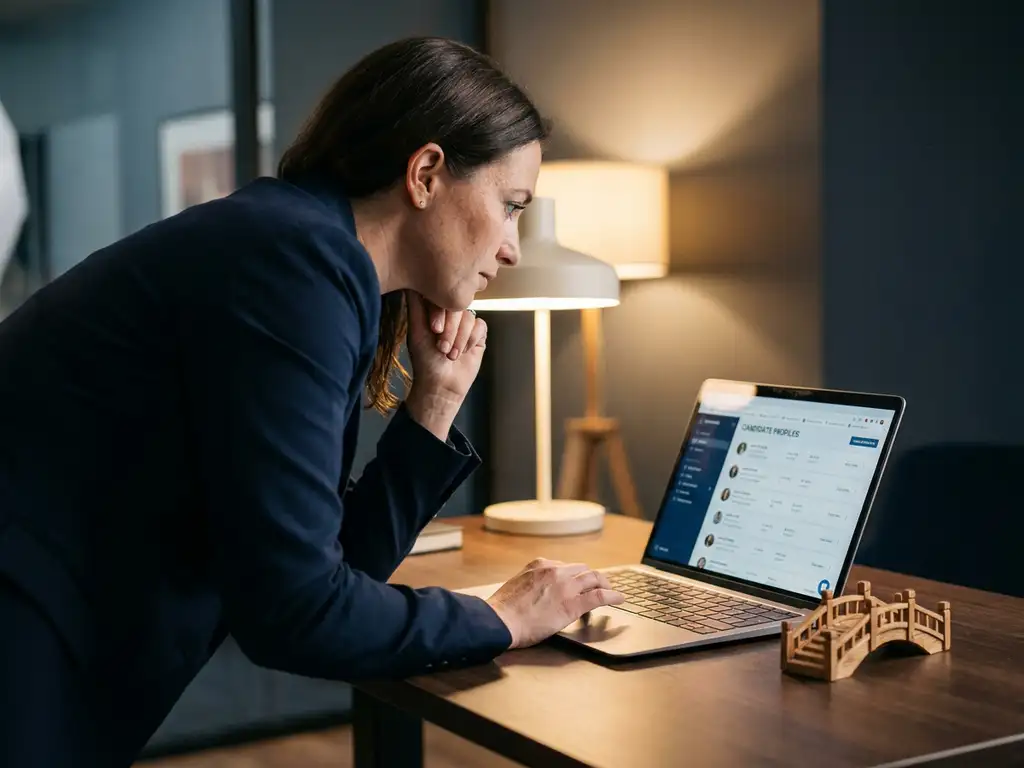 Recruiter prüft Kandidatenprofile auf einem Laptop an modernem Schreibtisch, kleines Holzbrücken-Dekoobjekt daneben, warmes Bürolicht.