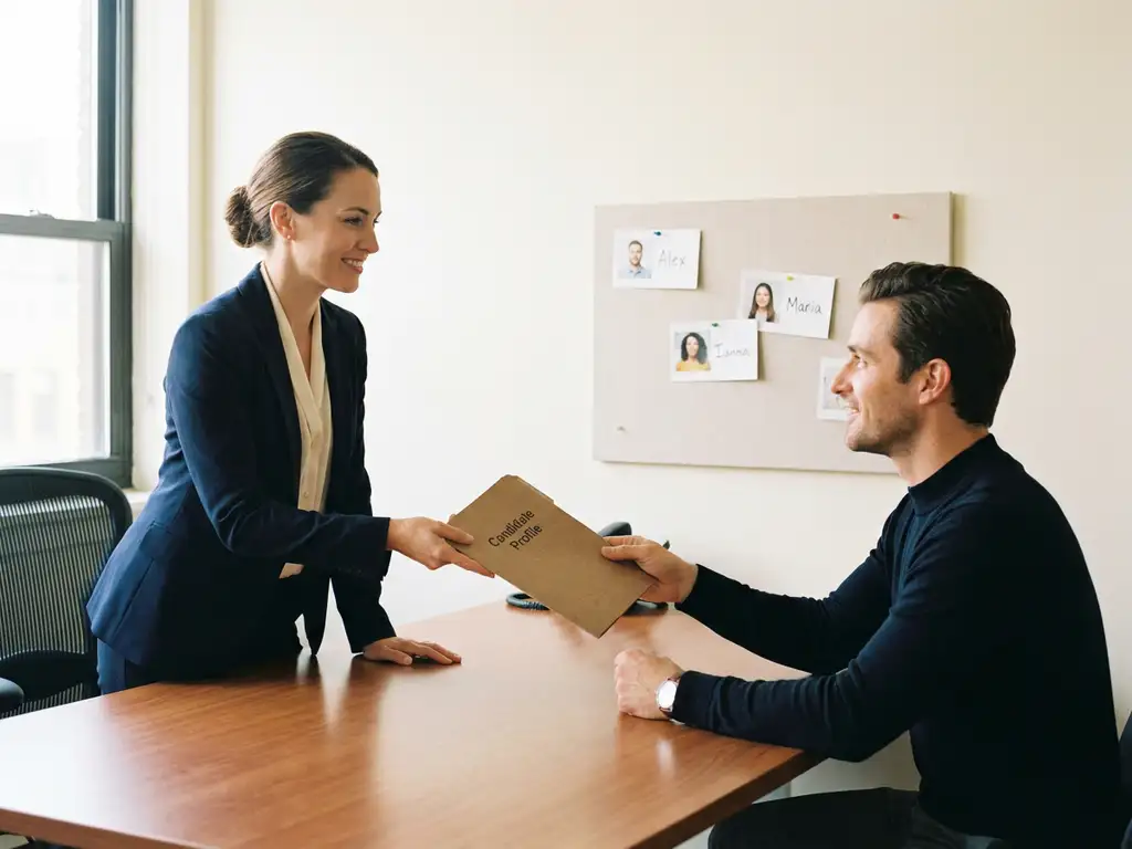 Recruiter reicht einem Kandidaten eine Bewerbungsmappe über den Schreibtisch, im Hintergrund ein Pinboard mit Kandidatenprofilen.