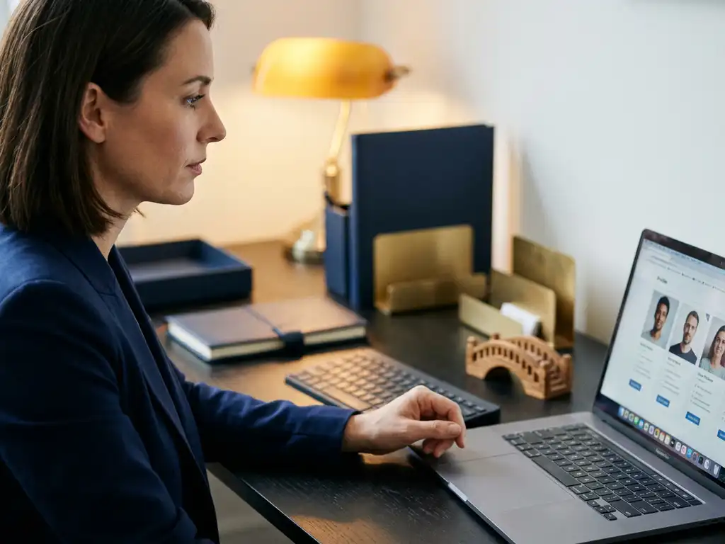 Recruiterin prüft Kandidatenprofile auf Laptop an modernem Schreibtisch, kleine Holzbrücke als Dekoelement, warmes Ambiente.