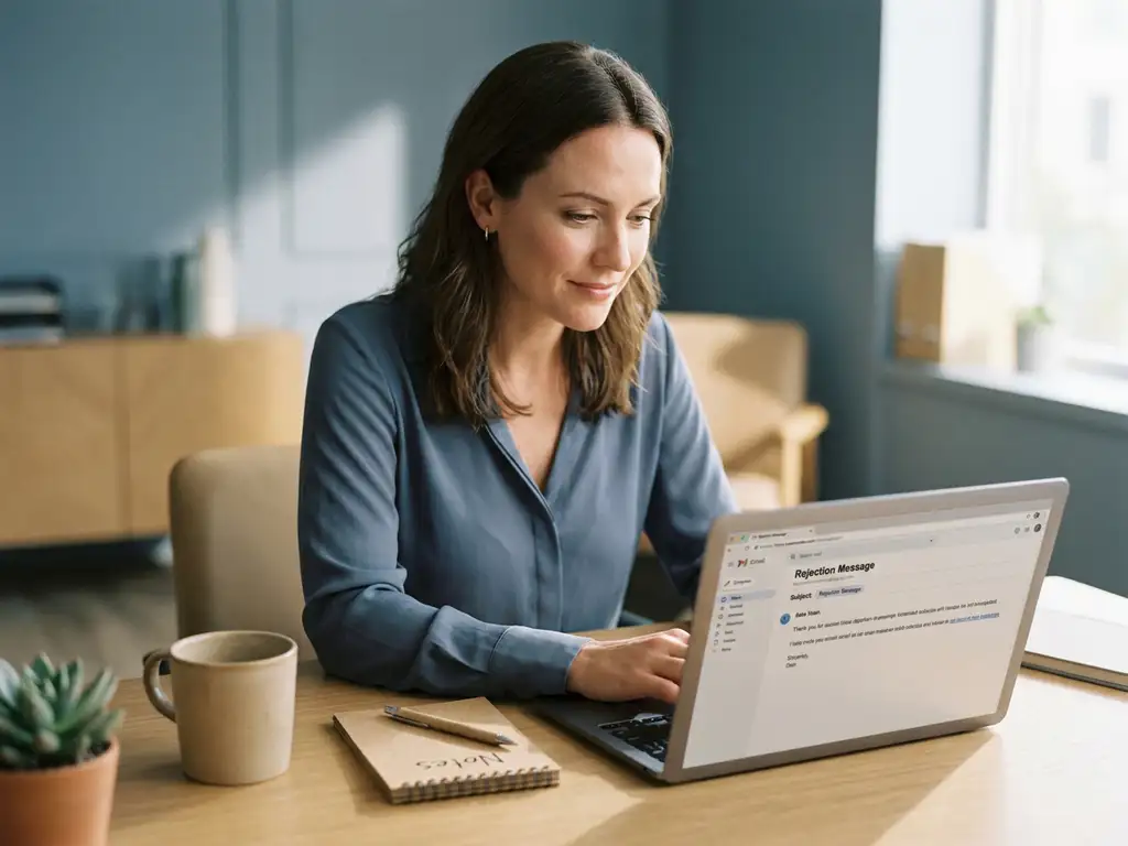 Recruiter liest ruhig eine Absagenachricht am Laptop, daneben Notizbuch, Kaffeetasse und Pflanze im warmen Bürolicht.