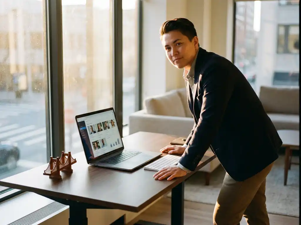 Recruiter prüft Kandidatenprofile auf einem Laptop an einem modernen Schreibtisch, kleines Holzbrücken-Dekorelement daneben, warmes Nachmittagslicht.