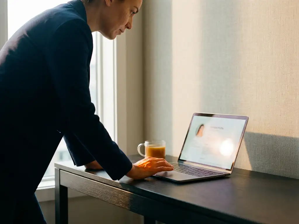 Recruiter lehnt sich an modernem Schreibtisch vor und zeigt auf ein Kandidatenprofil auf dem Laptop, goldenes Seitenlicht.