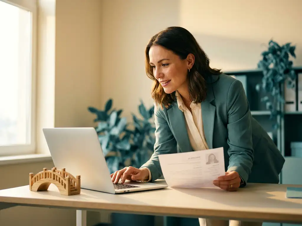 Recruiter am modernen Schreibtisch mit Laptop und Kandidatenprofil, kleine Holzbrücke als Dekoration, warmes Seitenlicht.