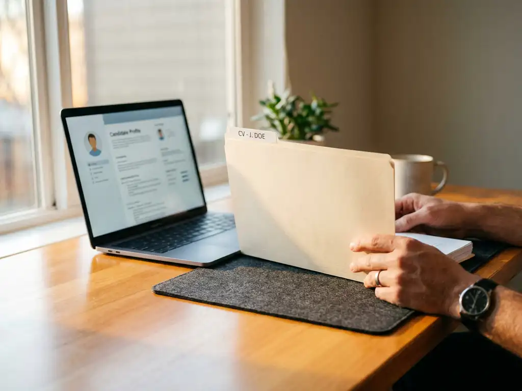 Recruiter-Schreibtisch mit geöffnetem Laptop und gedruckter Bewerbungsmappe im warmen Bürolicht, Hände prüfen Kandidatenunterlagen.