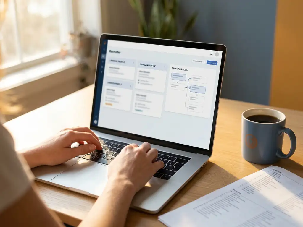 Recruiter tippt an Laptop mit LinkedIn-Profilen auf dem Bildschirm, gedruckte Kandidatenliste und Kaffeetasse auf dem Schreibtisch.