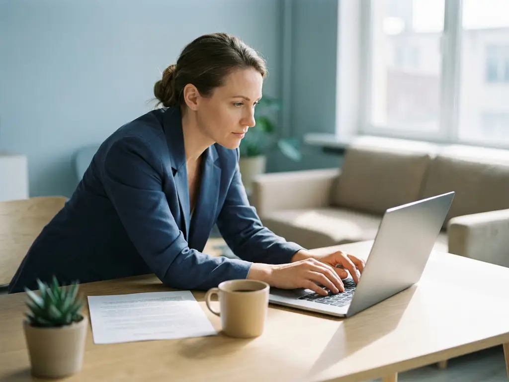 Recruiter am modernen Schreibtisch tippt personalisierte Nachricht auf Laptop, Kandidatenprofil und Kaffeetasse daneben, warmes Bürolicht.