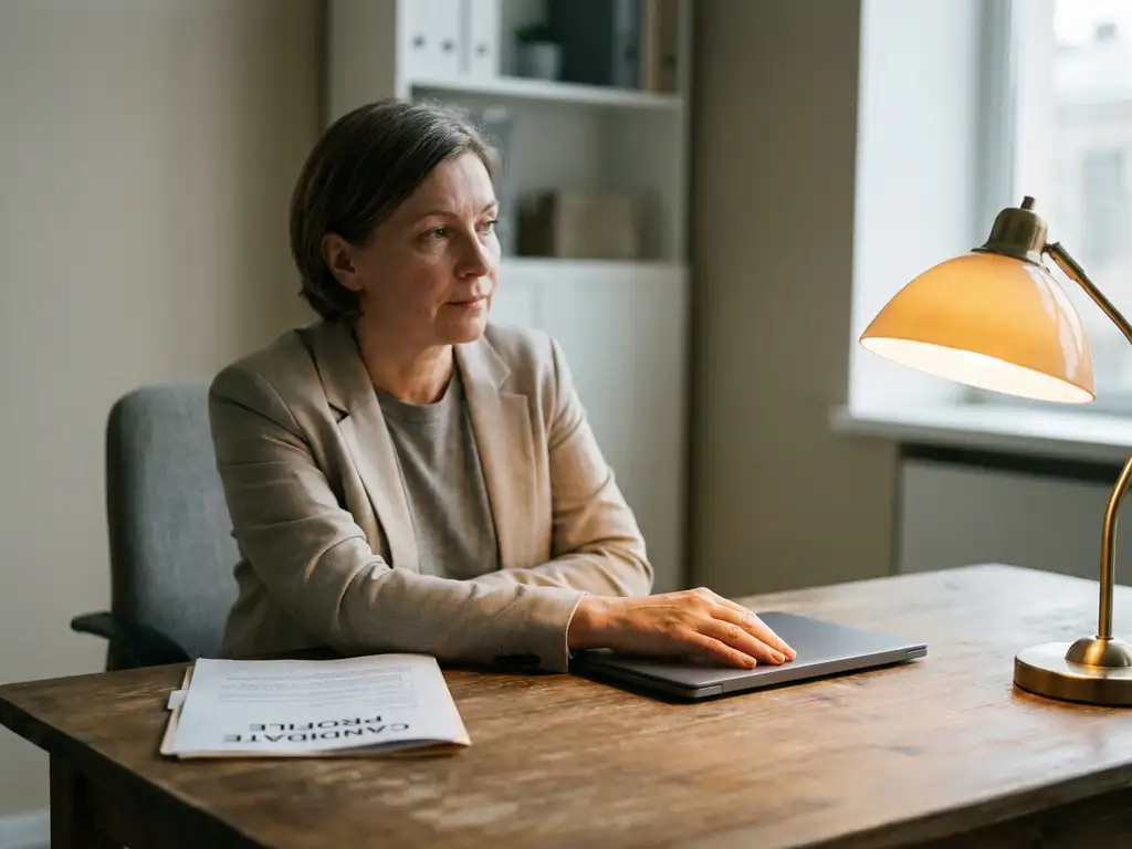 Nachdenkliche Recruiterin am Holzschreibtisch mit beiseitegeschobenem Kandidatenprofil und geschlossenem Laptop im warmen Bürolicht.