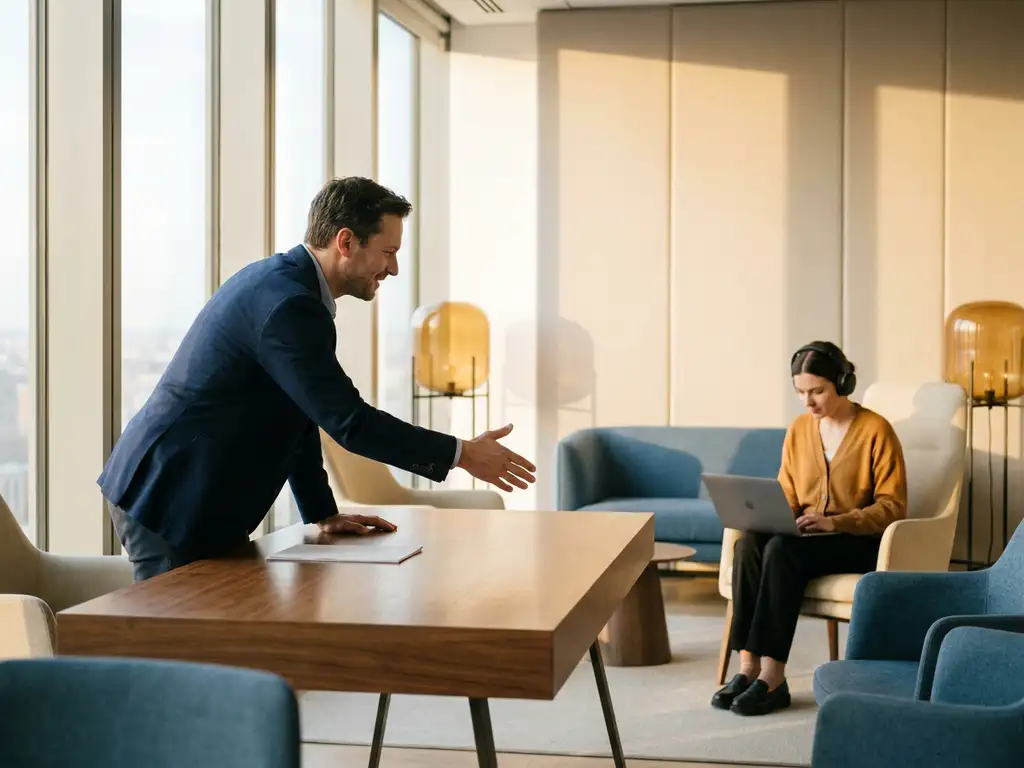 Recruiter streckt sich an modernem Schreibtisch einem konzentriert arbeitenden Kandidaten entgegen, warmes Büroambiente im Abendlicht.